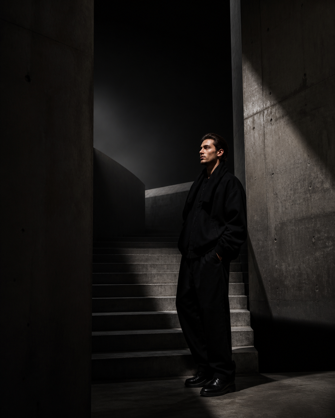 Male model in oversized black streetwear within brutalist concrete architecture