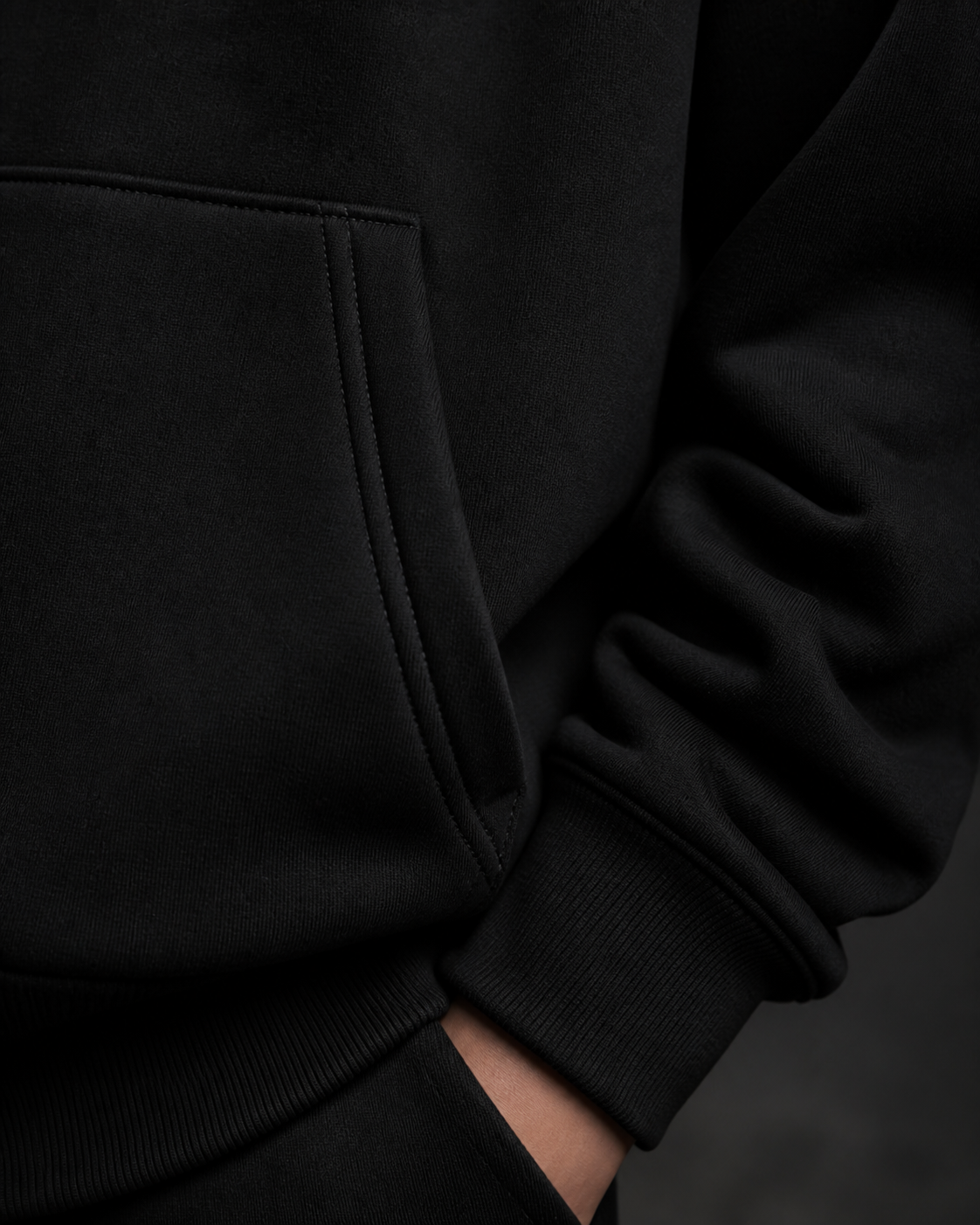 Close-up of hoodie fabric, pocket and stitching
