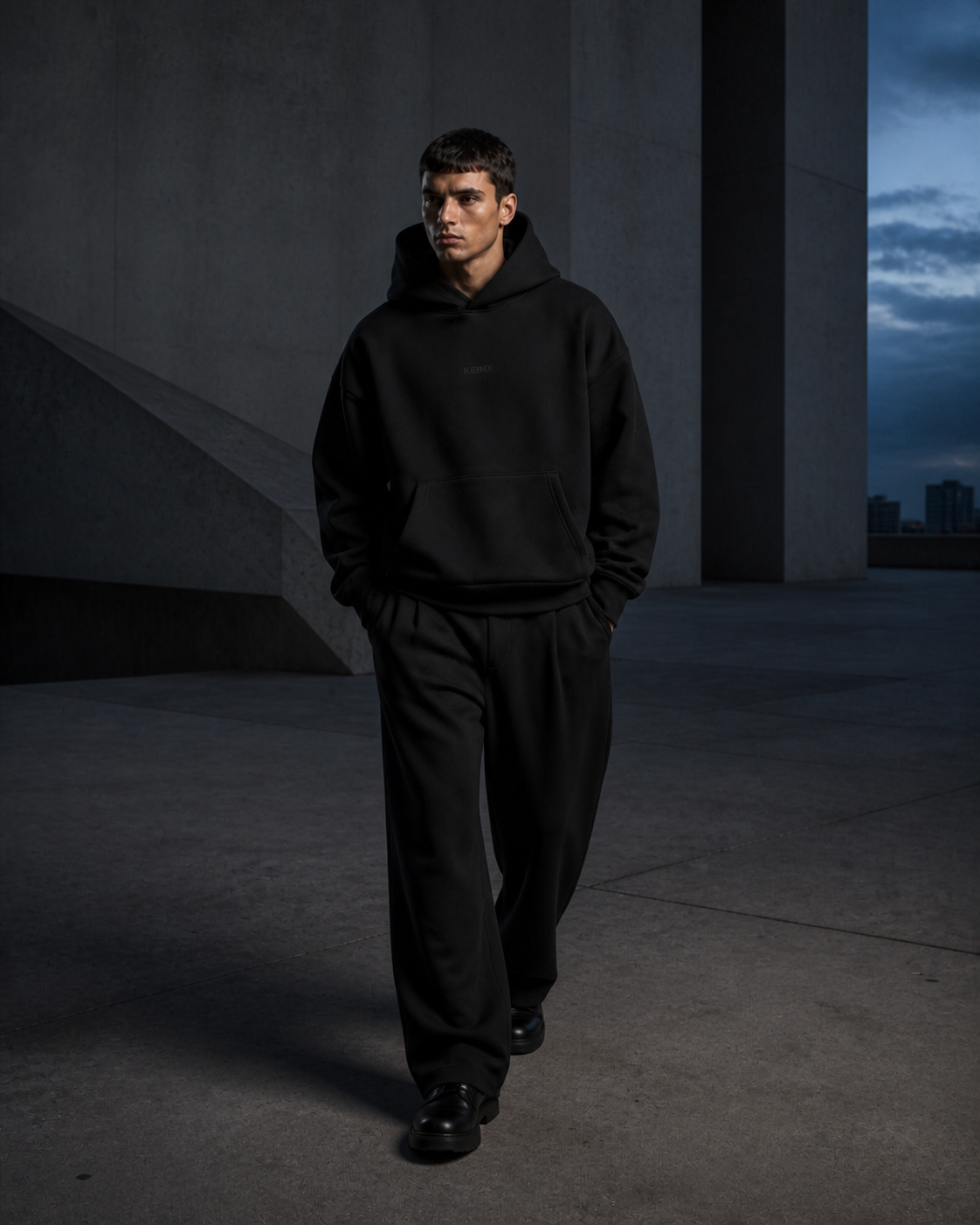 KEINX hoodie lifestyle editorial in brutalist architecture