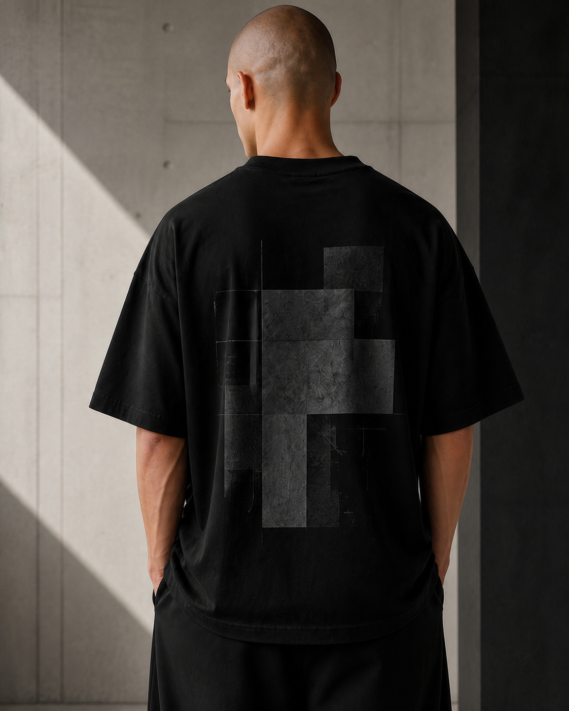 Close detail of original KEINX brutalist back graphic and cotton texture